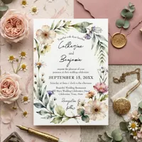 Watercolor Blush Pink Sage Floral Wreath Wedding Invitation