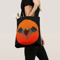 Halloween Goth Orange Heart & Bat Wings  Tote Bag