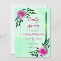 Mint Peony Romantic Floral Watercolor Wedding Invitation