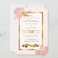 Pink and Gold Flowers and Bird Wedding Invitations