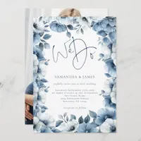 Blue Florals Border We Do Script Photo Wedding Invitation