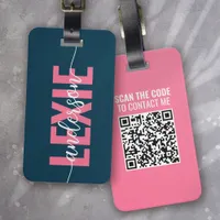 Personalized Blue Pink Monogram QR Code Luggage Tag