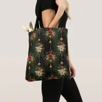 Beautiful Red and White Poinsettias with Ornaments Tote Bag