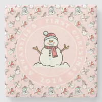 Snowman Baby's First Christmas Pink Name Stone Coaster