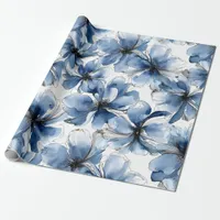 Abstract Blue & White Watercolor Flowers Wrapping Paper