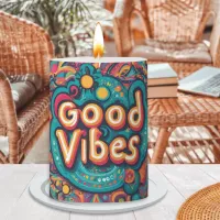 Good Vibes Hippie Retro Groovy Colorful Pattern Pillar Candle