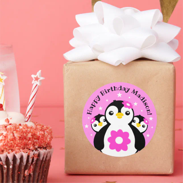 Cute Happy Birthday Girl Penguins Pink Flowers Classic Round Sticker