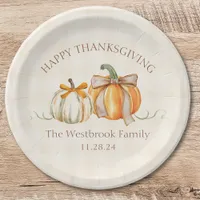 Custom Family Name Cute Pumpkin Bows Thanksgiving Paper Plates