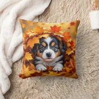 Cute Puppy Dog in Fall Leaves Throw Pillow