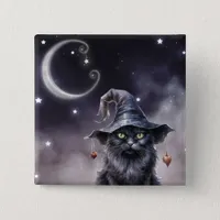 Black Halloween Cat Wearing a Witch Hat  Button