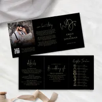 We Do Black Gold Photo QR Code Timeline Wedding Tri-Fold Invitation