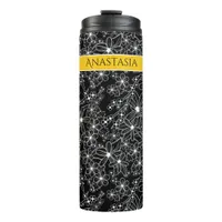 Hand Drawn Floral Black White Pattern Yellow Name Thermal Tumbler