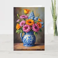 Thinking of You Blue White Pitcher Bright Flowers Card