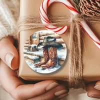 Cowboy Boots on the Front Porch on a Winter Day Classic Round Sticker