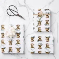 Cute Teddy Bear Pink Hair Bow on a Cloud Wrapping Paper Sheets