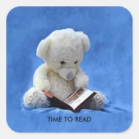 Teddy Bear Time to Read Blue Stuffed Animal, ZKOA Square Sticker