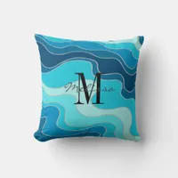 Wavy Blue Abstract Ocean Waves Monogrammed Throw Pillow