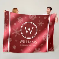 Festive Red Foil Snowflakes Monogram Name Fleece Blanket