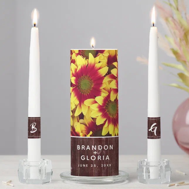 Rustic Autumn Sunflowers on Fence Wedding Unity Candle Set