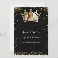 Black gold crown photo Quinceanera Invitation