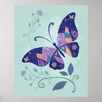 Blue Patchwork Butterfly Poster