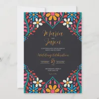 Mexican Black Floral Colorful Flowers Boda Wedding Invitation