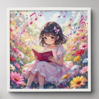 Cute Anime Girl Reading a Book Peel And Stick Photo Tile