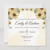 Yellow Daisy Arch Floral Watercolor Square Wedding Invitation