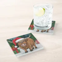 Highland Cow Christmas Glass Coaster