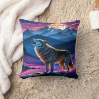 Howling Wolf Under Full Moon Over Mountains Throw Pillow