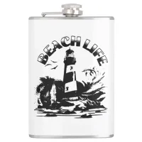 Black and White Lighthouse Beach Life Flask