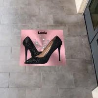 Black Glitter High Heel Shoe on Pink | Floor Decals