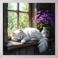 Napping White Cat and Purple Flowers  Poster