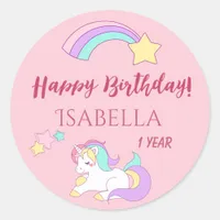 Unicorn pink magical happy birthday girl classic round sticker