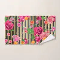 Fancy Stylish Chic Roses On Gold And Black Stripes Hand Towel