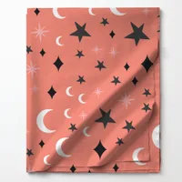 Celestial Moons and Stars on Coral Pattern Fabric