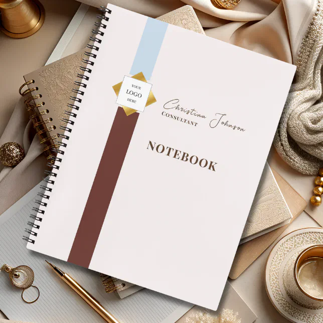 Trendy Brown Stripes Gold Logo Notebook