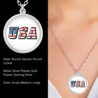 USA Flag Text Round Silver Plated Necklace