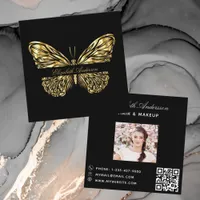 Butterfly black gold QR code script photo Square Business Card