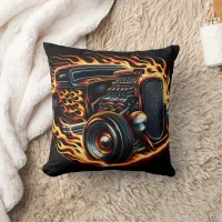 Hot rod racing through flames at sunset throw pillow