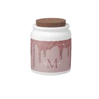 Chic Rose Gold Sparkle Glitter Drips Monogram Candy Jar