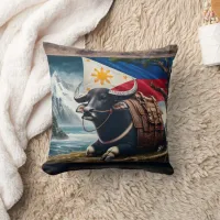 Carabao by Flag in Mountain Landscape Throw Pillow