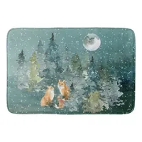 Fox Family in Forest Full Moon Snowfall Bath Mat