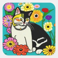  Cute Cat with Yellow Flowers Folk Art Square Sticker