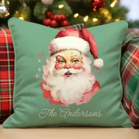 Retro Vintage Santa Claus Green Christmas Throw Pillow