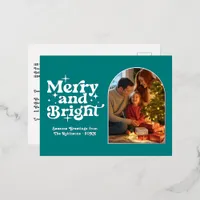 Teal and Silver Merry & Bright Retro Christmas Foil Holiday Postcard