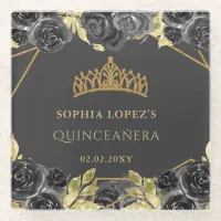 Elegant Black Gold Floral Tiara Quinceanera  Glass Coaster