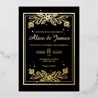 Chic Floral Frame Elegant Black Gold Foil Wedding Invitation
