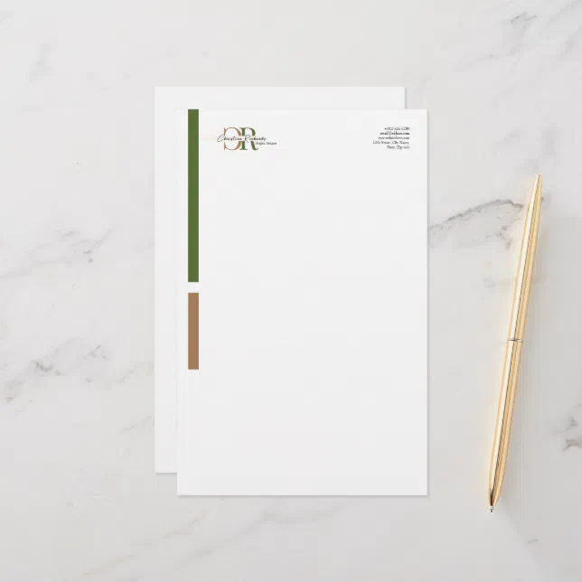 Simple Modern Olive Green Gold Monogram Stationery