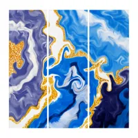 Beautiful Blue, Gold and White Swirls like Water   Triptych